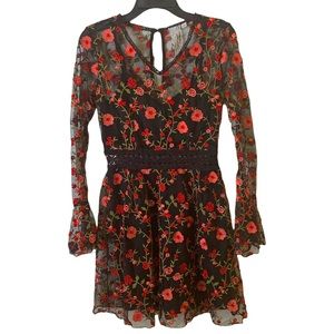 Ultra Pink | Small | Women's Black Sheer Floral Embroidered V Neck Dress